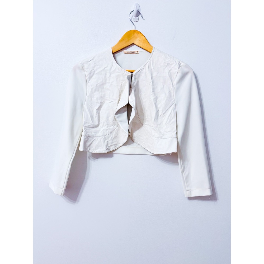 KARTIKA White Faux Leather Cropped Bolero Jacket Long Sleeve Small
